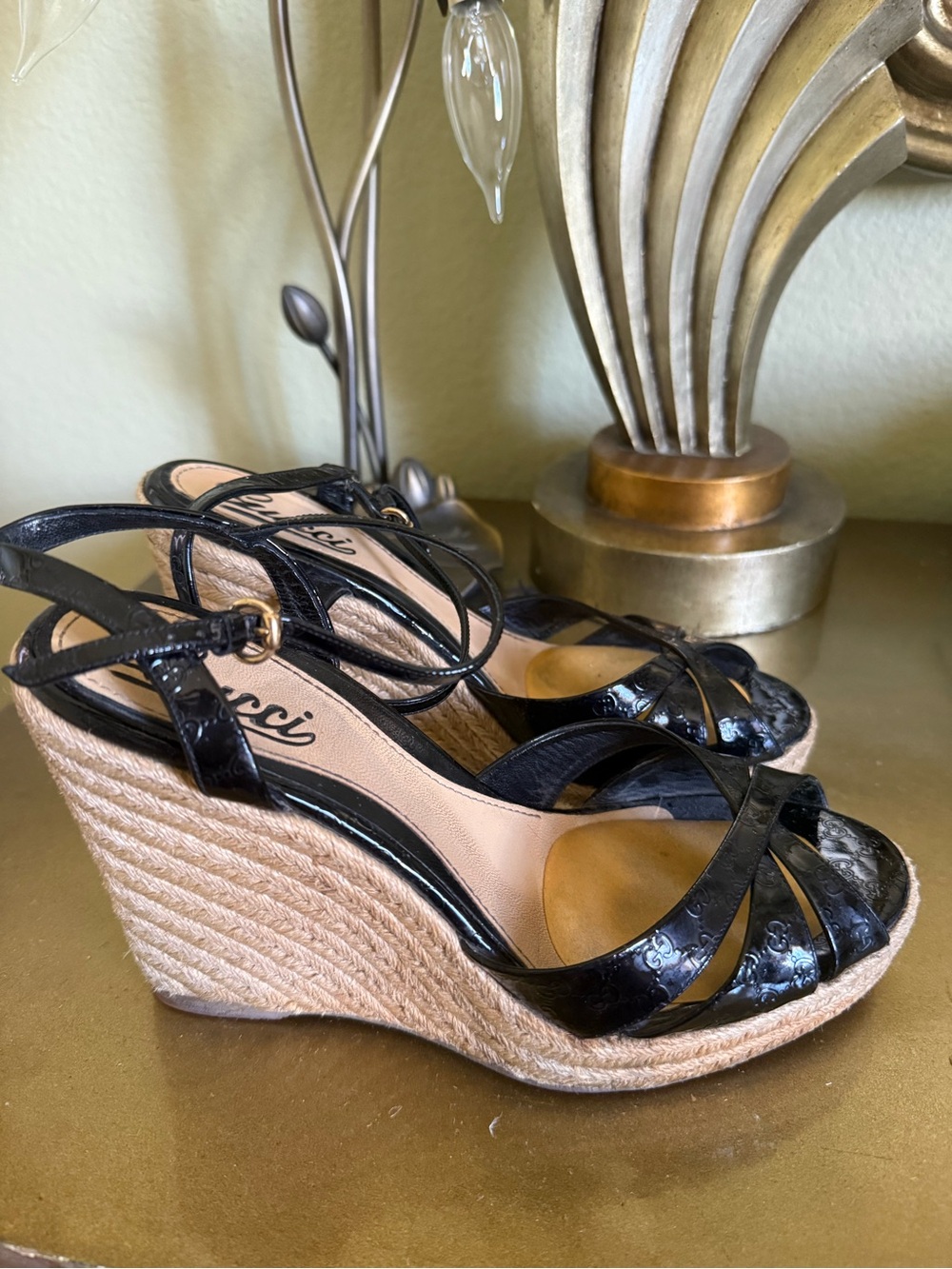 Gucci Black Patent Leather Rope-Wrapped Wedge Sandals.. 100% Authentic